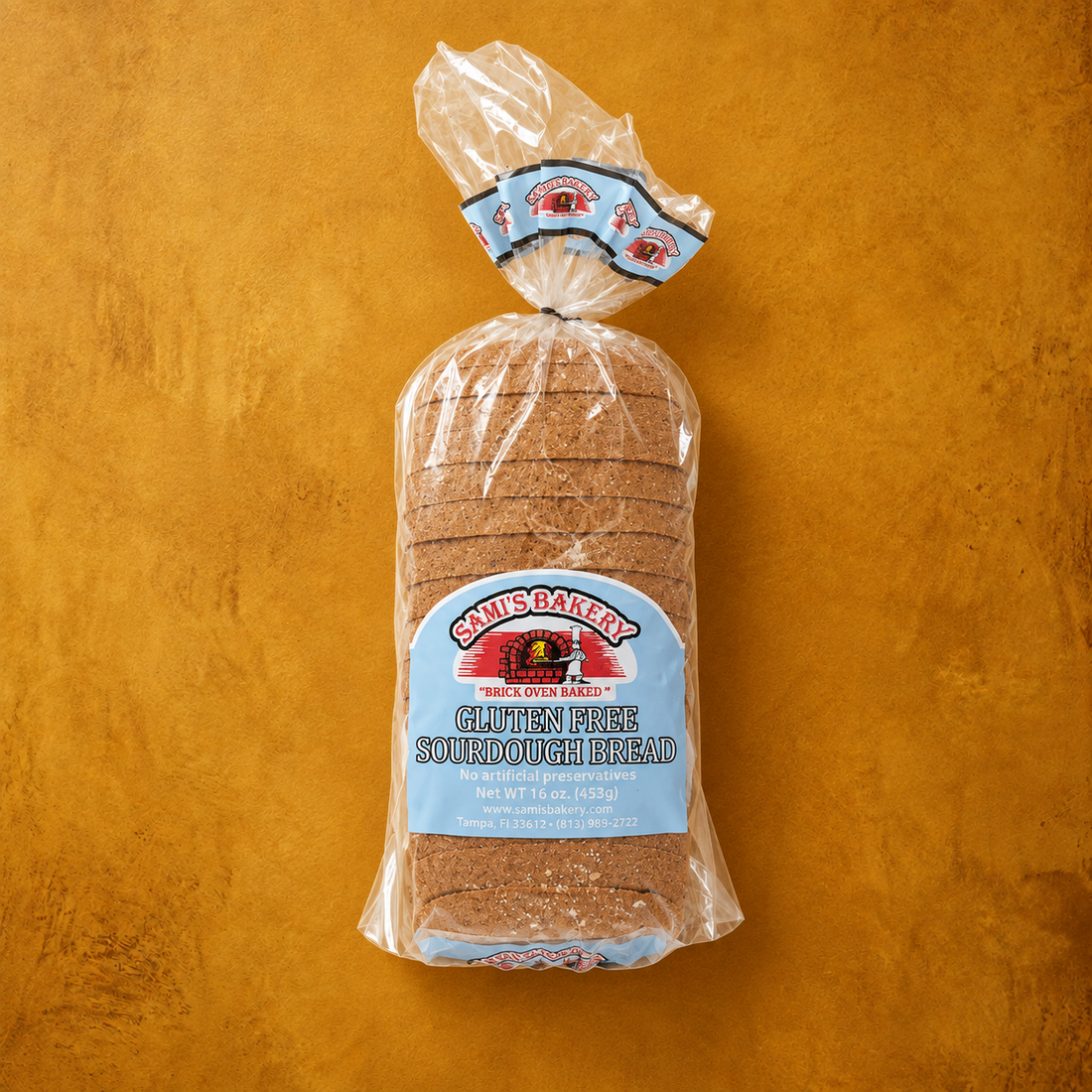 Sami’s Bakery Gluten Free Sourdough Bread with slices beside its packaging